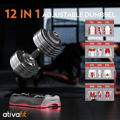 Ativafit 27.5/66/88LBS Pair Adjustable Dumbbell Set with Anti-slip Handle 12 In 1 Quick Dial Adjustment Weights With Safety Locking Button Space Saving Strength Training for Full Body Home Gym Workout