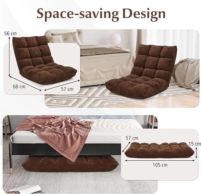 RELAX4LIFE Floor Chair with Back Support - 14-Position Adjustable Lazy Sofa Chair, Padded Sleeper Bed & Couch Recliner for Reading Meditation, Folding Floor Gaming Chair for Adults (Brown)