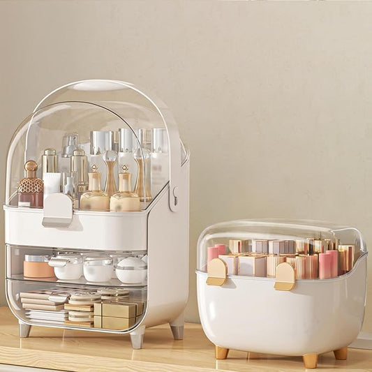 Makeup Organizer with Lipstick Holder, Skincare Organizers Storage Box Cosmetic Display Cases, Teen Girl Gifts Make up Organizers for Vanity, Dresser, Countertop, Bathroom(Silver)