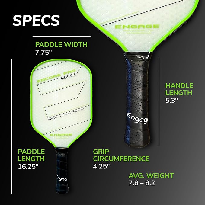 Engage Encore Pro V2.0 Pickleball Paddle – FiberFlex Fiberglass Face for Power & Spin, Available in Two Core Options (12.7mm for Power, 15.2mm for Control), Versatile Hybrid Shape