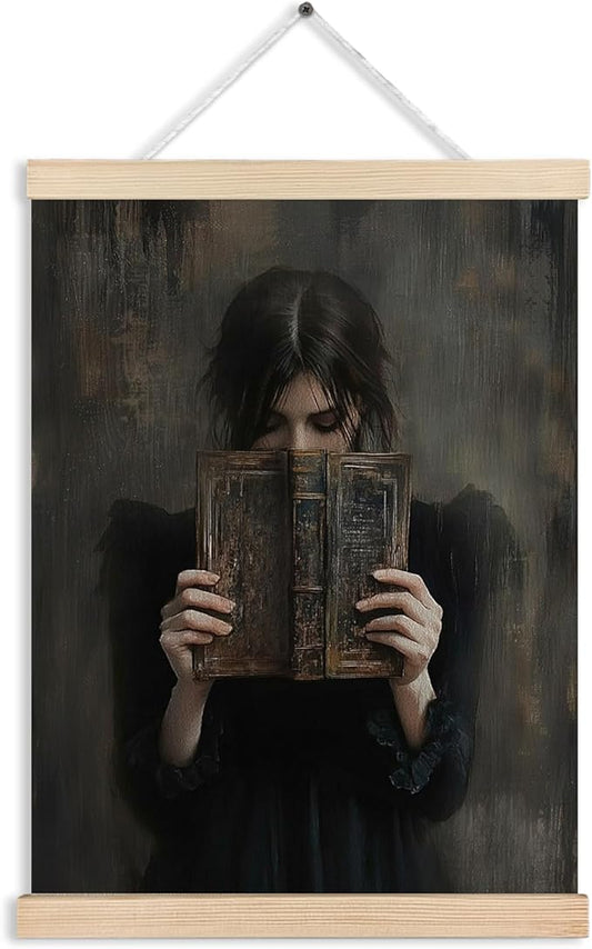 Gothic Victorian Woman Book Canvas Wall Art Poster, Reading Nook Corner Decor, Moody Dark Academia Bookish Wall Decor Prints for Library Reading Room Classroom Home, 12x16 Inches