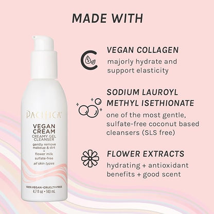 Pacifica Vegan Collagen Cream Gel Facial Cleanser - Daily Foaming Face Wash & Makeup Remover, Hydrating Anti-Aging Face Wash for Dry & Sensitive Skin, 4.7oz