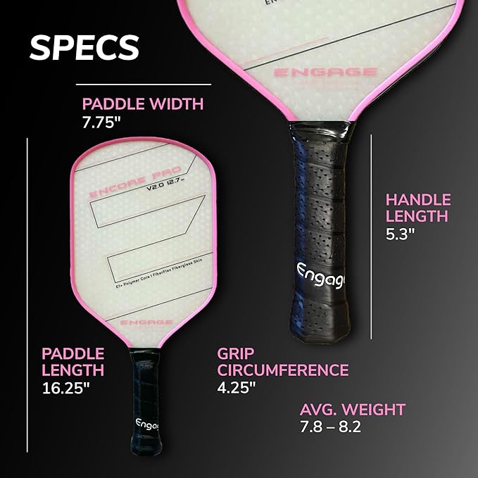 Engage Encore Pro V2.0 Pickleball Paddle – FiberFlex Fiberglass Face for Power & Spin, Available in Two Core Options (12.7mm for Power, 15.2mm for Control), Versatile Hybrid Shape