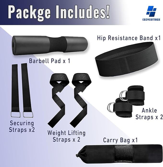 Barbell Pad Set for Hip Thrust & Squats – 9-Piece Workout Kit for Women | Includes 2 Bar Pads, 2 Ankle Straps, 2 Resistance Bands & Gym Accessories – No Pain Hip Thrusts – Glute, Leg & Booty Training