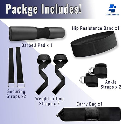 Barbell Pad Set for Hip Thrust & Squats – 9-Piece Workout Kit for Women | Includes 2 Bar Pads, 2 Ankle Straps, 2 Resistance Bands & Gym Accessories – No Pain Hip Thrusts – Glute, Leg & Booty Training