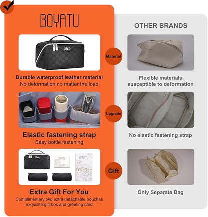 BOYATU Travel Makeup Bag Organizer Cosmetic Bag: 3 Pcs Set Make up Bags for Women with Handle - Waterproof Vegan Leather Toiletry Bags Travel Essentials Pouch with Compartments (01-Black)