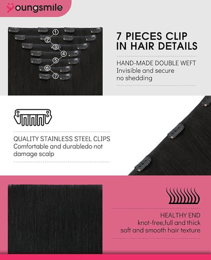 Youngsmile Clip in Hair Extensions Real Human Hair Natural Black Hair Clip in Extensions for Women Silky Straight Double Drawn 14Inch 140g 7 Pcs (7C#1B-14Inch)