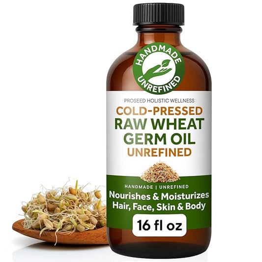 ProSeed Handmade Raw Wheat Germ Oil – Virgin, Unfiltered & Cold-Pressed Non-GMO Carrier Oil – High in Vitamin E & Omega Fatty Acids for Hair, Face, Skin & Body – 480ml (16oz) Glass Bottle