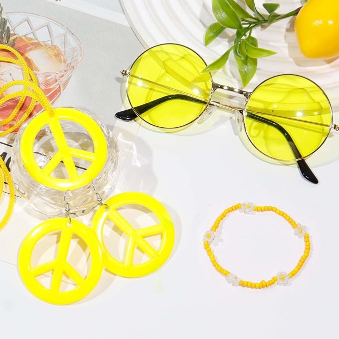 6 Pcs Hippie Costume Accessories Set, Flower Hippie Headband Boho Peace Sign Necklace Earrings Sunglasses Bracelet