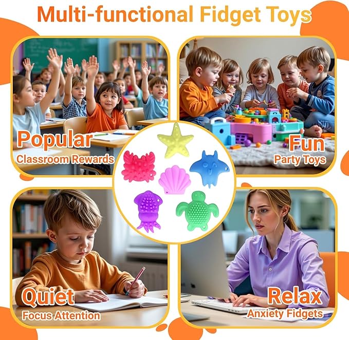 6psc Ocean Series Fidget Toys Sensory Stone for Kids，Textured Soft Worry Stone for Autism Kids Calming - Fidget Stress Toys for Students Anxiety Relief - Small Prizes Fidget Toys
