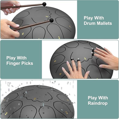 Rain Drum for Outside Garden, 8 Inches 11 Notes Steel Tongue Chakra Drum, Waterproof Meditation Rain Chime, Musical Instruments for Adult Gift with Bag, Music Book, Mallets (Black)