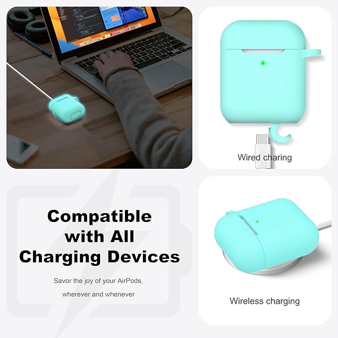 R-fun Compatible with AirPods Case Cover, Soft Silicone Protective Cover with Keychain for Women Men Compatible with Apple AirPods 2nd 1st Generation Charging Case, Front LED Visible,Glow Blue