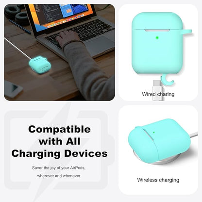 R-fun Compatible with AirPods Case Cover, Soft Silicone Protective Cover with Keychain for Women Men Compatible with Apple AirPods 2nd 1st Generation Charging Case, Front LED Visible,Glow Blue
