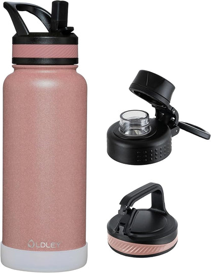 OLDLEY 32 oz Insulated Water Bottle With Straw, Stainless Steel Sports Water Cup Flask with 3 Lids(Straw, Spout and Handle Lid) Double Walled Travel Thermal Canteen Mug,Rose Gold