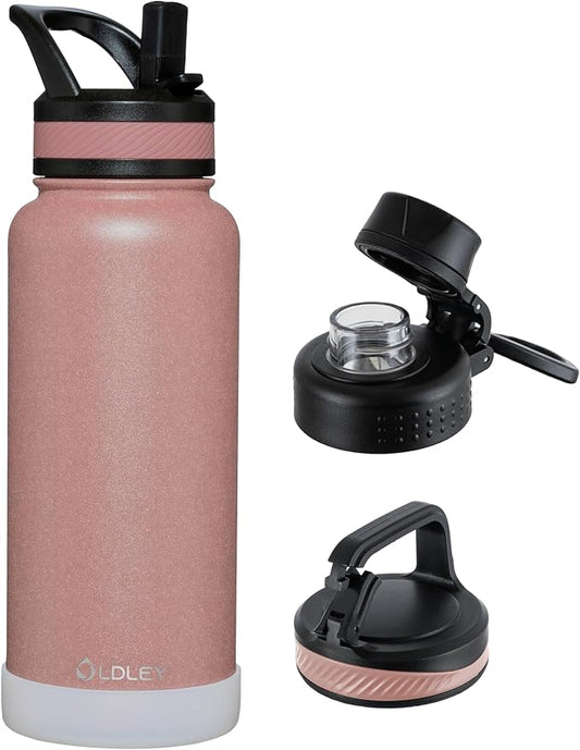 OLDLEY 32 oz Insulated Water Bottle With Straw, Stainless Steel Sports Water Cup Flask with 3 Lids(Straw, Spout and Handle Lid) Double Walled Travel Thermal Canteen Mug,Rose Gold