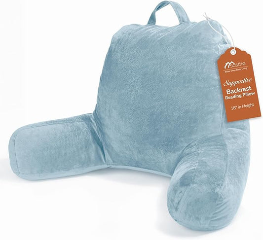 Sasttie Reading Pillow, Velvet Back Pillow for Bed Sitting Up, Adult Back-Rest Support Cushion with Arms for Sit Up on Couch, Sofa, and Floor, Dorm Essentials, Reading Accessories, Dusty Blue