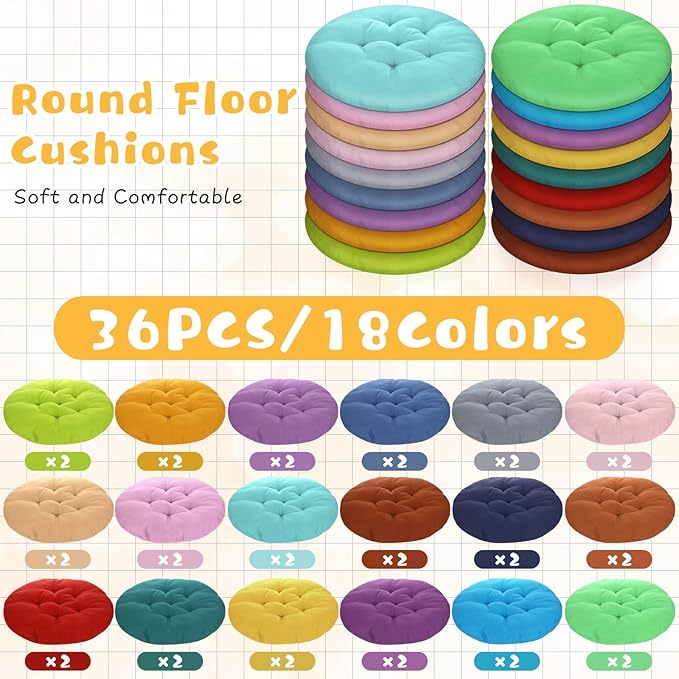 36 Pcs Round Floor Pillows 15.7 Inch Flexible Seating Pillows Chair Floor Cushions Reading Cushions for Kids Adults Classroom Home School Playing Supplies,18 Colors(Colorful)