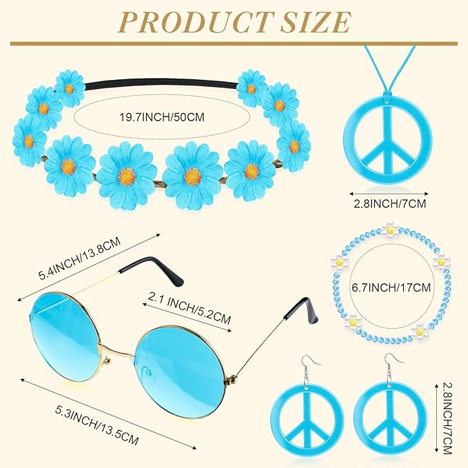 Batiyeer 6 Pcs Hippie Costume Accessories Set, Boho Peace Sign Daisy Flower 60s 70s Party Favors Decor for Groovy Party Women