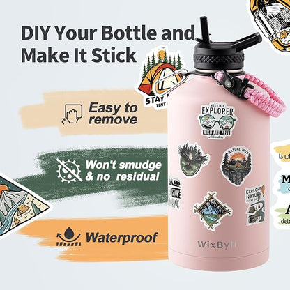 One Gallon Water Bottle Insulated, Triple Wall Vacuum Cold for 48 Hrs & Leak-proof & Non-BPA, 128oz Large Sports Stainless Steel Water Jug with Paracord Handle Straw Spout Lids & DIY Stickers
