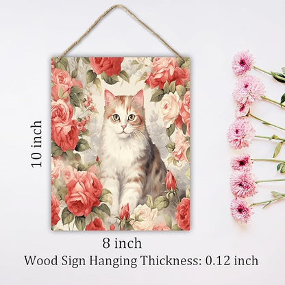 Cat Gift for Cat Lover Cat Mom Kitten Owner Pet Mom Hanging Plaque With Rope Home Wall Decor Wood Sign, Cat Floral Home Door Decor Wood Hang Sign for Pet Shop Kitchen Study Dining Room Bedroom -30