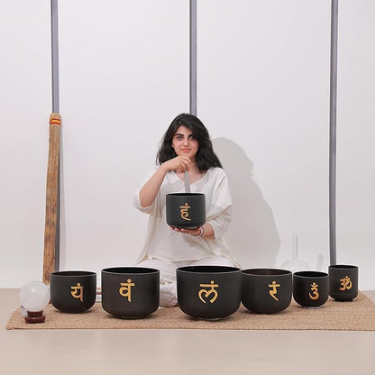 TOPFUND 6-12 inch Chakra Set of 7 Golden Sanskrit Black Crystal Singing Bowls with Carrying Cases and Mall