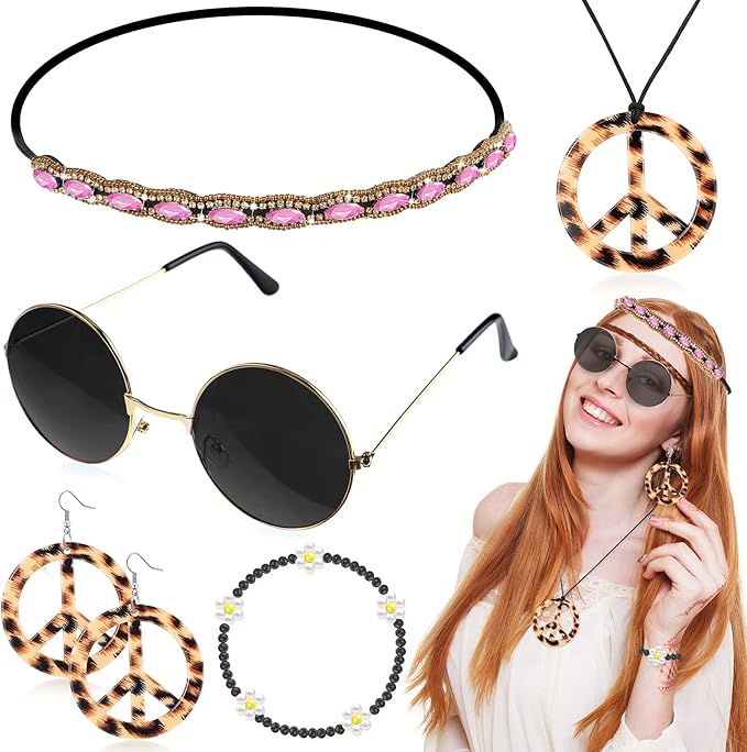 Batiyeer 6 Pcs Hippie Costume Accessories Set, Boho Peace Sign Daisy Flower 60s 70s Party Favors Decor for Groovy Party Women