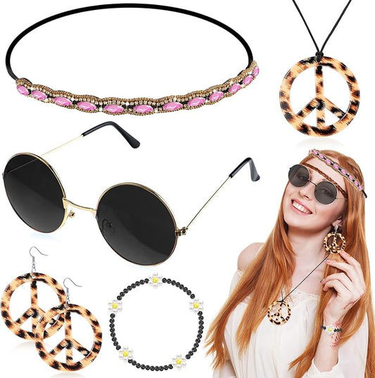 Batiyeer 6 Pcs Hippie Costume Accessories Set, Boho Peace Sign Daisy Flower 60s 70s Party Favors Decor for Groovy Party Women