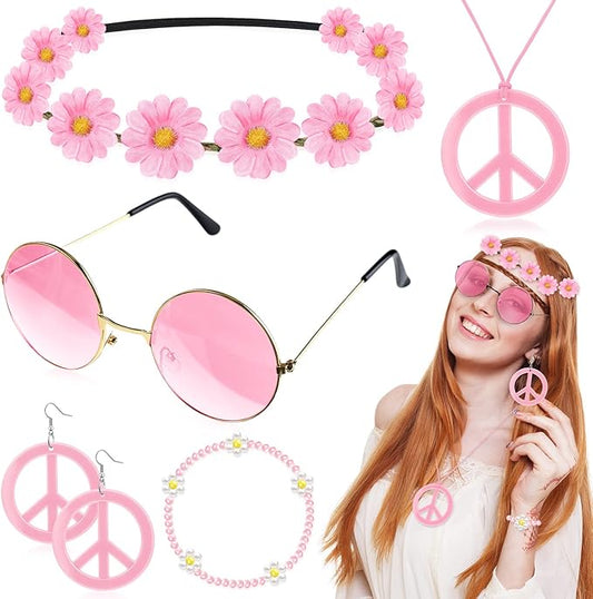 Batiyeer 6 Pcs Hippie Costume Accessories Set, Boho Peace Sign Daisy Flower 60s 70s Party Favors Decor for Groovy Party Women