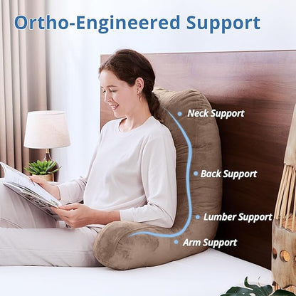 Sasttie 25-inch Reading Pillows for Sitting in Bed Adult, Jumbo Velvet Back Pillow Bed Sitting Up, XL High Back-Rest Support Cushion for Sit Up on Couch & Floor, Oeko-Tex Certified, Light Brown