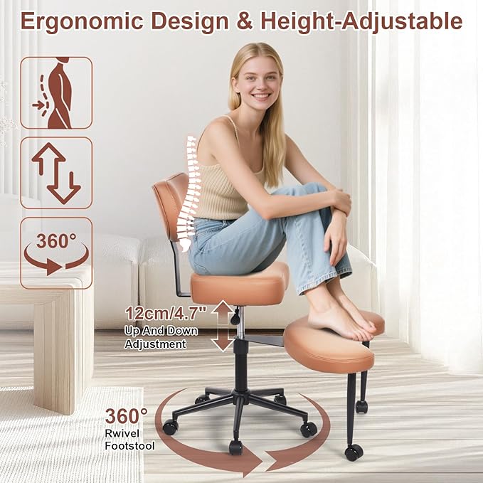 Meditation Chair, Cross Legged ADHD Office Chair for Adults with Wheels Ergonomic Back Support and Leg Rest for Multi Position Criss Cross Sitting Kneeling and Yoga Height Adjustable, Leather Style