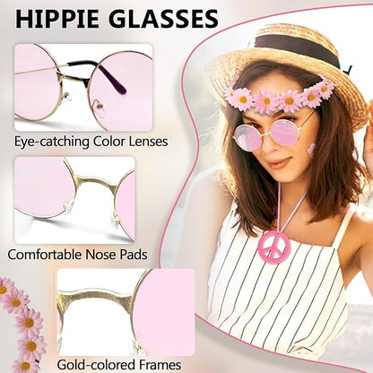 Hippie Costume Accessories Set Peace Sign Necklace Sunglasses Flower Headband Earrings for 60s 70s Outfit Party Women