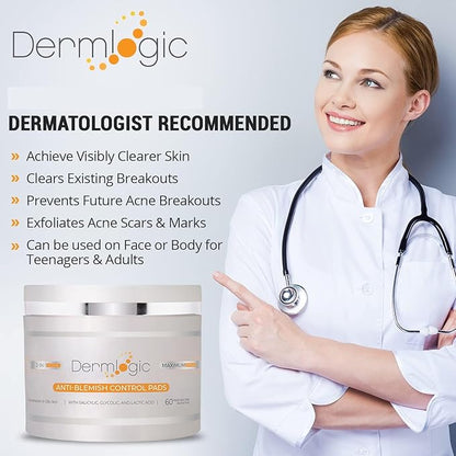 Acne Treatment Pads- Contains Salicylic, Glycolic, & Lactic Acid for Face & Body. Clears Away Clogged Pores, Oily Skin & Cystic Breakouts. Removes Dark Spots, Blackhead & Whitehead Pimples