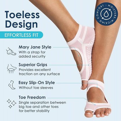 Tucketts Toeless Pilates Socks with Grips for Women, Non-Slip Yoga & Barre Socks for Stability & Barefoot Workouts, Size 6-13
