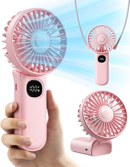 Handheld Fan, Foldable Portable Fan with LED Display, 3000mAh Battery Operated Mini Hand Held Fan, Handheld/Neck/Desk 3 in 1 Personal Small Fan for Eyelash Makeup Travel Beach Outdoor Pink