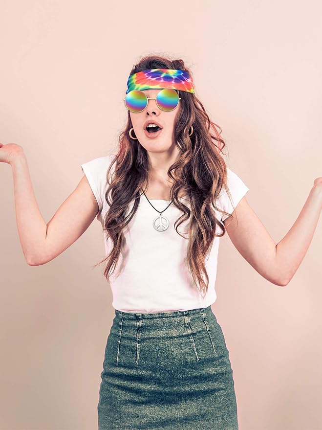 Norme 3 Pcs Hippie Costume Accessories 70s Peace Sign Necklace Tie Dye Hippie Headband Sunglasses Halloween Party Decor
