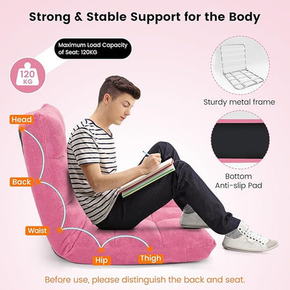 Moccha 14-Position Floor Chair, Folding Sofa Chair with Back Support, Memory Foam Floor Gaming Chairs for Adults, Adjustable Padded Couch Recliner Sleeper Bed for Reading, Meditating, Pink