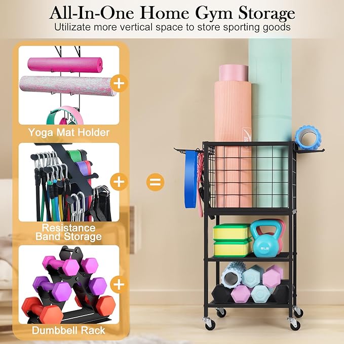 Weight Rack for Home Gym Dumbbells Yoga Mat Storage Rack Cart Small Metal Wood Home Gym Workout Equipment Storage with Hooks for Yoga Block Foam Rollers Resistance Bands