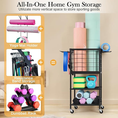 Weight Rack for Home Gym Dumbbells Yoga Mat Storage Rack Cart Small Metal Wood Home Gym Workout Equipment Storage with Hooks for Yoga Block Foam Rollers Resistance Bands