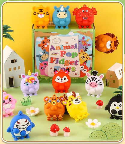 Animal Pop Fidget Toys with Suction, 12PCS Silicone Stress Relief Toys for Calming, Autism and ADHD, Fidgets for Kids Classroom, Travel & Bath Toys for Toddlers, Gifts for Kids Girls Boys