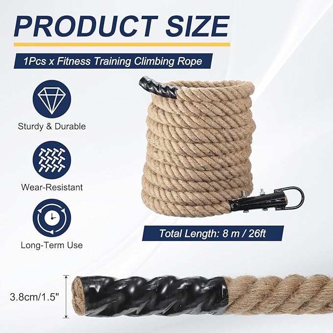 MECCANIXITY Climbing Rope 26ft x 1.5", Gym Climbing Rope Thick Twine Ropes Jute Natural Brown Burlap Cord String Heavy Twisted for Workout Rock Exercise Indoor Outdoor Fitness Training