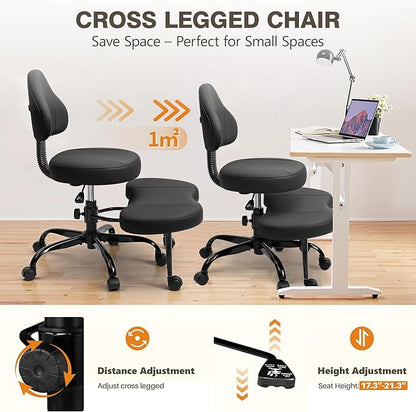Cross Legged Office Chair, Criss Cross Desk Chair ADHD Meditation Kneeling Yoga Seat with Adjustable Height, Lumbar Support, Wider Footrest and Wheels (Black)
