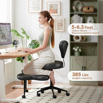 Ergonomic Cross Legged Chair, 360° Swivel Meditation Chair with Wheels, Height Adjustable Seat for ADHD, Strong Lumbar Support, Chic Home Office Furniture, PU Leather, Black