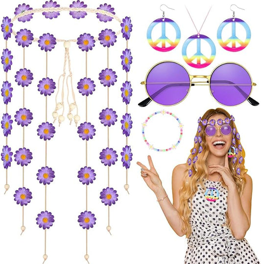 6 Pcs Hippie Costume Accessories Set, Flower Hippie Headband Boho Peace Sign Necklace Earrings Sunglasses Bracelet