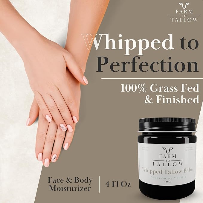 FARM TO TALLOW 100% Grass-Fed Beef Tallow for Skin, Face & Body – Peppermint Vanilla Moisturizer Made with Olive Oil – Gentle & Hydrating Natural Skincare Cream for Dry, Sensitive Skin – 4 Oz