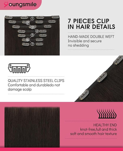 Youngsmile Clip in Hair Extensions Real Human Hair, Color 2 Dark Brown, 7pcs 140g 18 Inch, Silk Straight Thick End Remy Human Hair Extensions Clip in(7C#2-18Inch)
