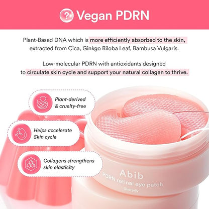 Abib PDRN Retinal Eye Patch Glow jelly 60 Patches, Korean Under Eye Patches for Puffy Eyes and Dark Circles, Anti-Wrinkle, Collagen, Caffeine, Niacinamide