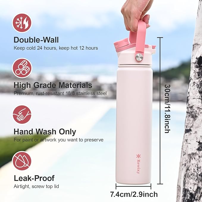 24 oz Insulated Water Bottle, 2-in-1 Lid, Straw & Spout with Protected, Leak Proof, Keep Cold, Stainless Steel, Metal, Reusable, Handle, for Travel, Gym and School, 2 Lids, Pale Pink