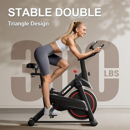 Exercise Bike, Brake Pad Stationary Bikes for Home with App Compatible, Low Noise Indoor Cycling Bike, 300lbs Capacity Compact Workout Bike with Tablet Mount & Extra Comfort Seat
