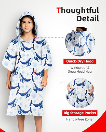 Abahub Surf Poncho Women & Men Towel Poncho Adult with Hood, Thick Quick Dry Changing Poncho Towel, Microfiber Wearable Cover Up for Surfing Beach Swim - Absorbent Changing Towel S (Blue Whale)