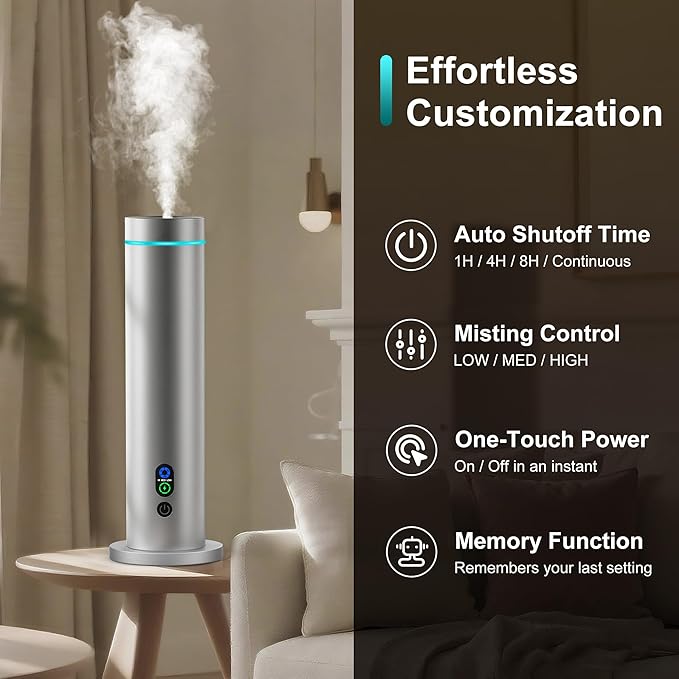 Waterless Diffuser, 1000 Sq.Ft Coverage, Essential Oil Diffuser with Tilt-Safe, Remote Control, Adjustable Mist Mode, Mood Lights Aromatherapy Diffuser for Home, Large Room, Office, Hotel, Silver